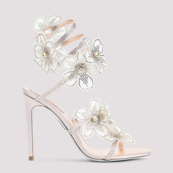 Rene Caovilla Pink Satin Leather Peach Flower Sandals
