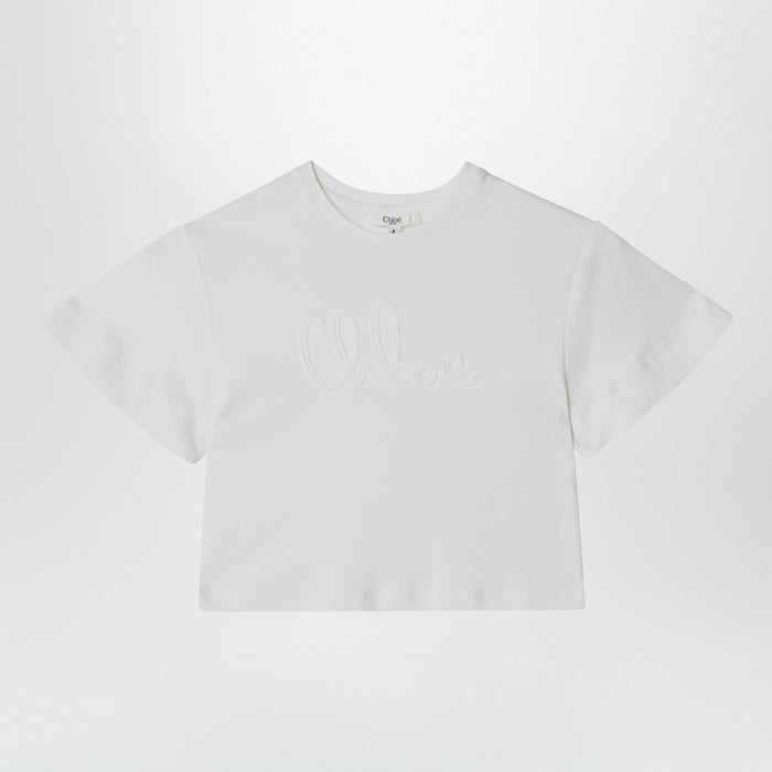 Chloé White Cropped T-Shirt With Logo Embroidery