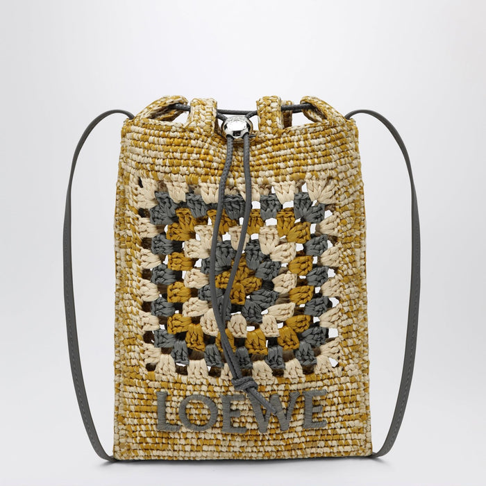 Loewe Pearl Grey/Mustard Raffia And Leather Drawstring Pouch