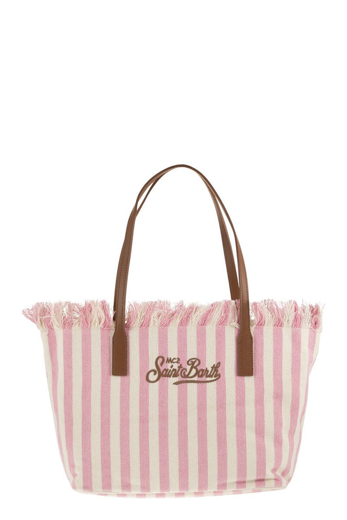 Mc2 Saint Barth City Shopper Bag In Striped Canvas With Embroidered Logo
