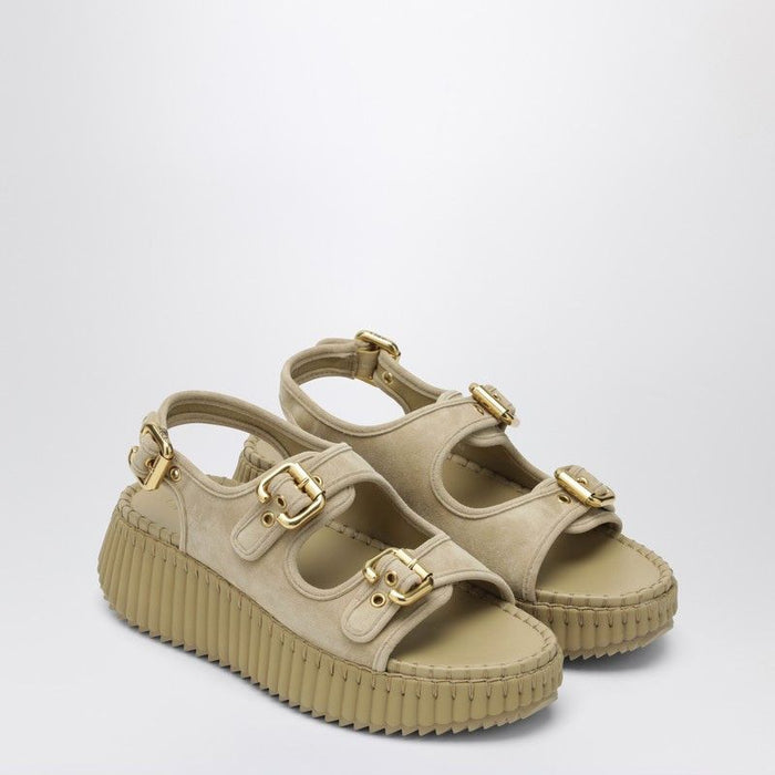 Chloé Beige Nama Sandal High Gold Buckles