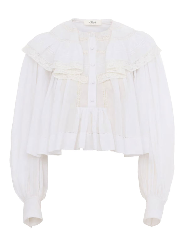 Chloé Short Top With Ruffles In Cotton Voile And Lace