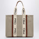Chloé Large Woody Tote Bag In Beige Canvas