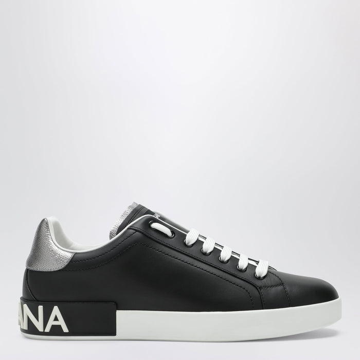 Dolce & Gabbana Portofino Classic Leather Sneakers In Black And Silver