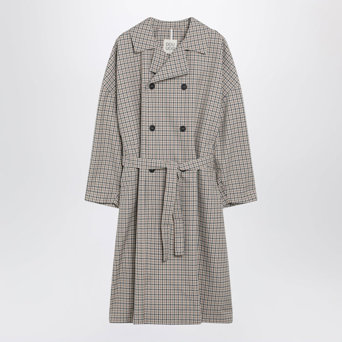 Douuod Double-Breasted Check Trench Coat