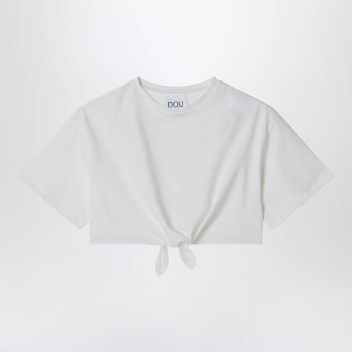 Douuod Ivory Cropped T-Shirt With Knot Detail