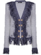 Balmain Collarless Glittered Fringed Tweed Jkt