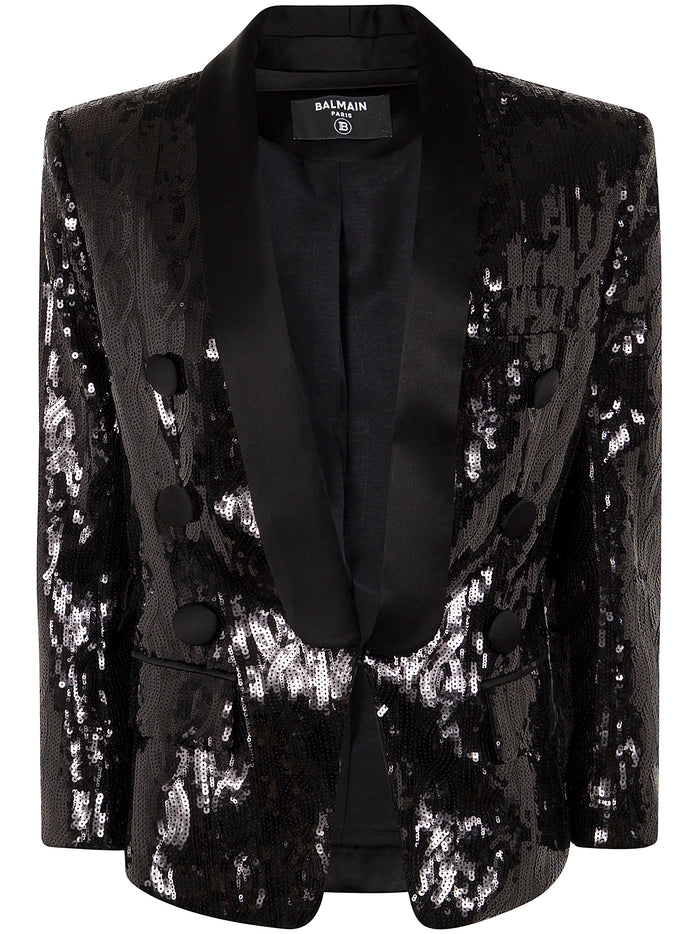 Balmain V-Neck Glitter Satin Tailored Jkt