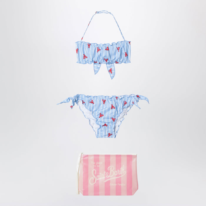 Mc2 Saint Barth Light Blue Striped Bikini With Little Crabs And Pouch