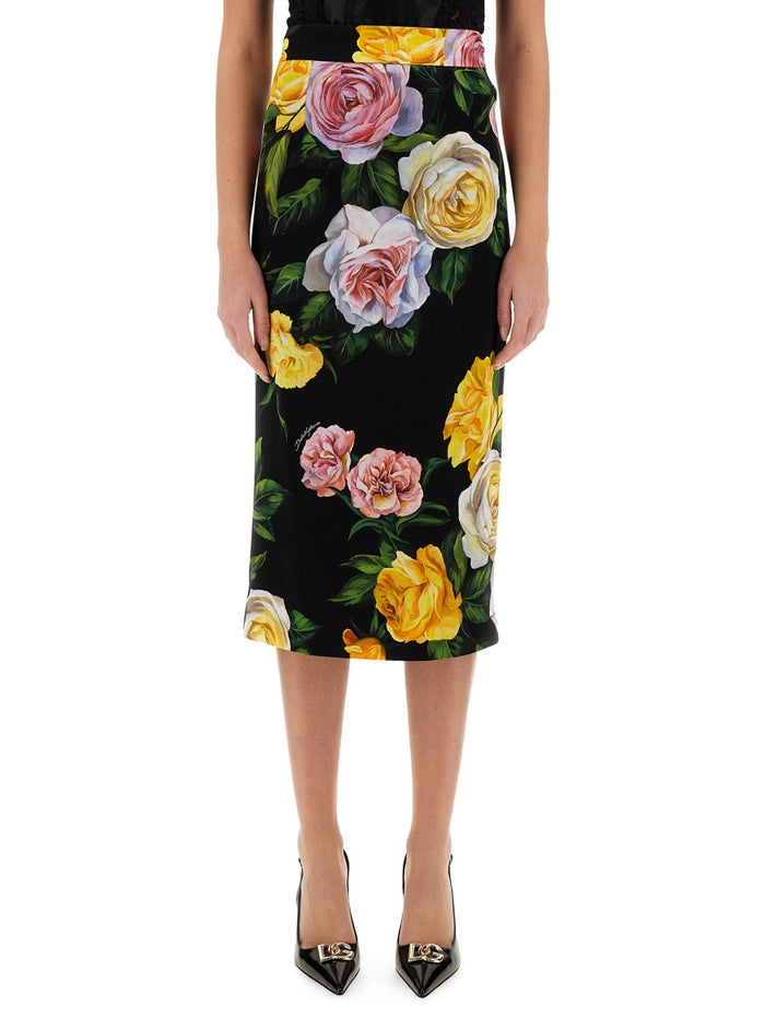 Dolce & Gabbana Peony And Rose Print Charmeuse Longuette Skirt