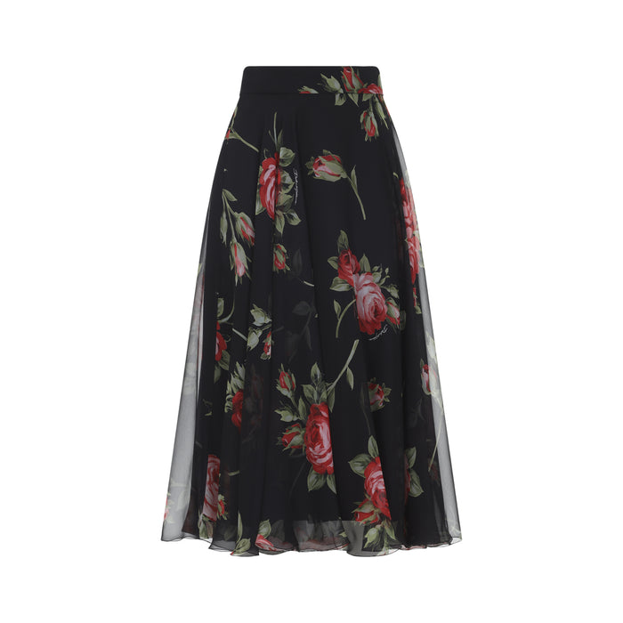 Dolce & Gabbana Chiffon Circle Skirt With Bouquet Rose Print, Black