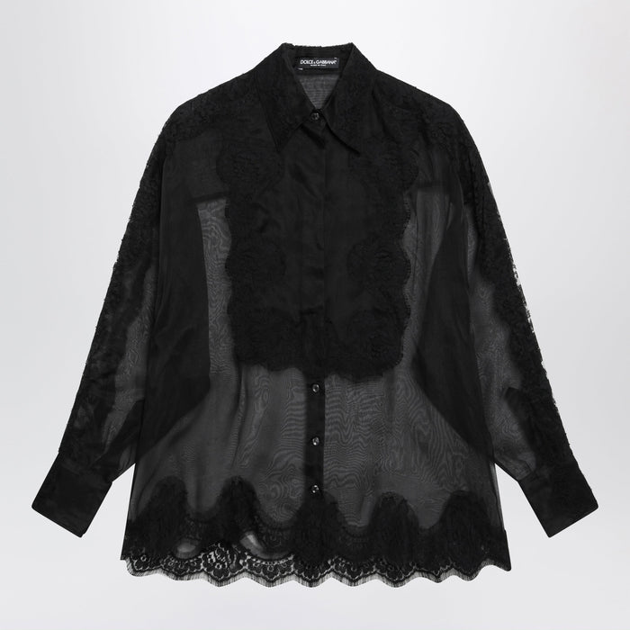 Dolce & Gabbana Organza Tuxedo Shirt With Lace Inserts In Black