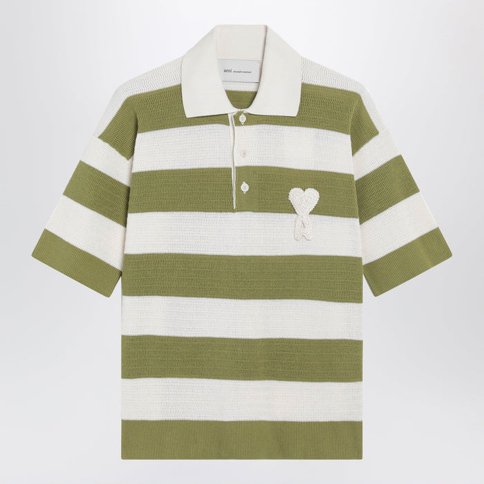 Ami Paris Ami De Coeur Striped Cotton Knit Polo Shirt