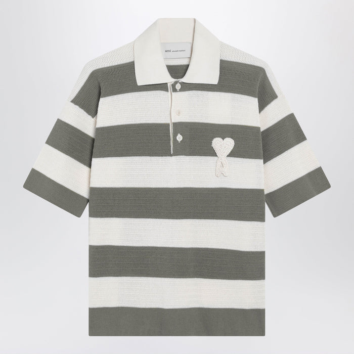 Ami Paris Ami De Coeur Striped Cotton Knit Polo Shirt