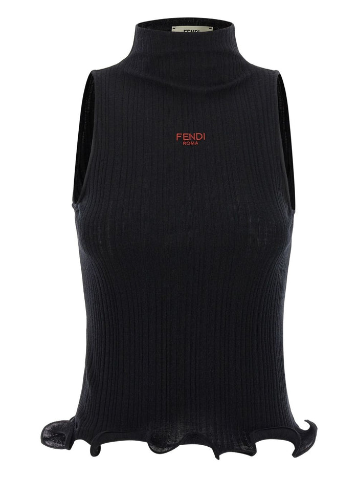 Fendi High Neck Fitted Sleeveless Top With Ruffles