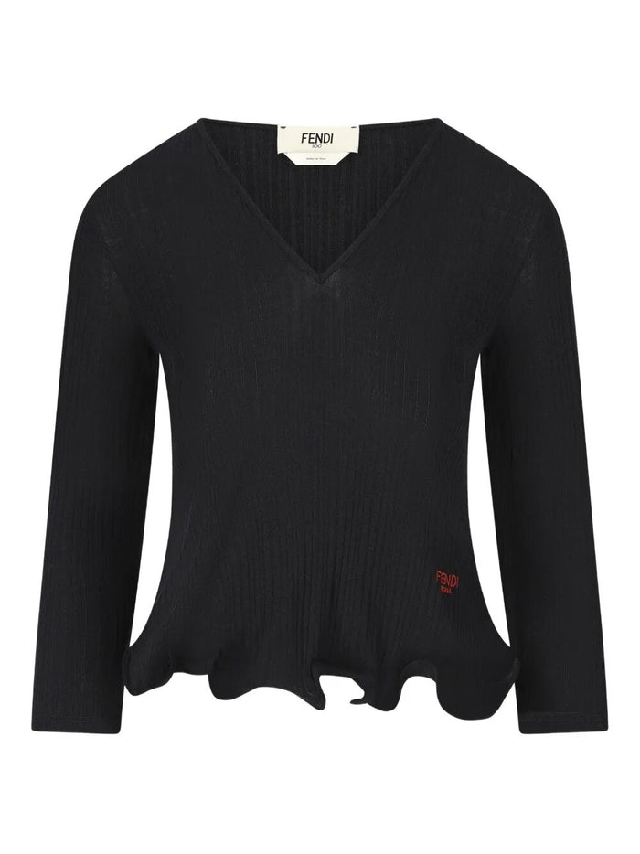 Fendi Ribbed Long-Sleeve V-Neck Top