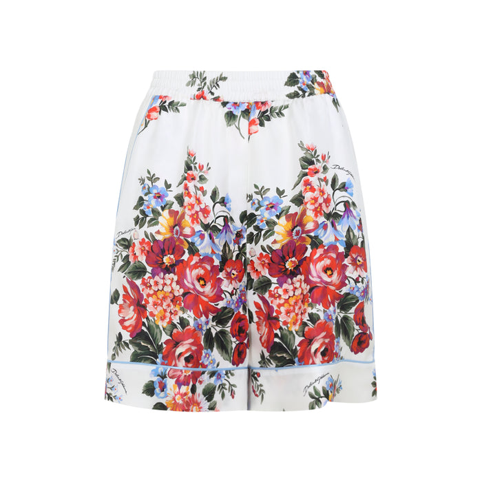 Dolce & Gabbana Vanity Bermuda Shorts In Silk Twill, White Floral Print