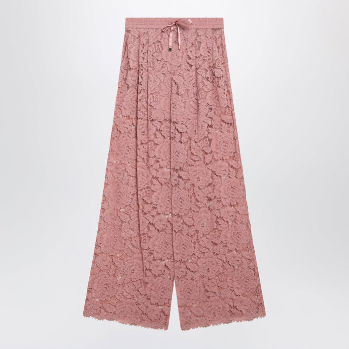 Dolce & Gabbana Highwaist Flared Floral Lace Pants In Dusty Pink