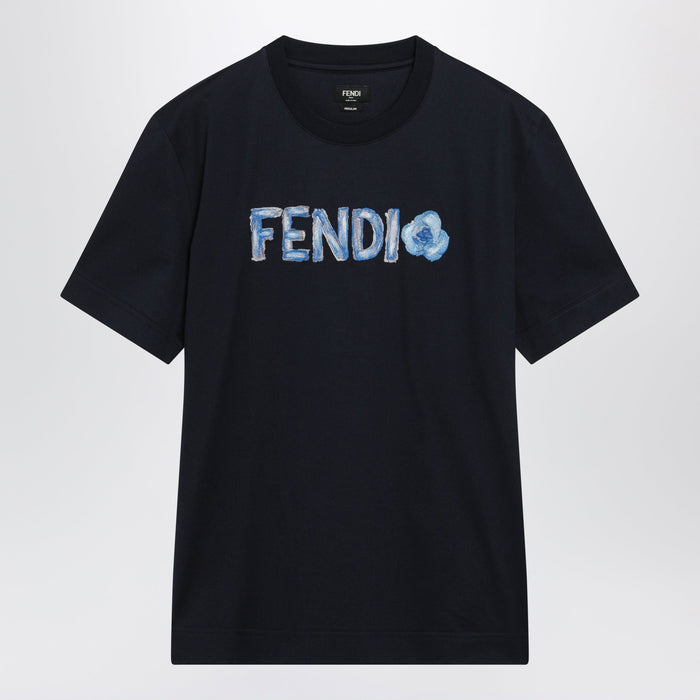 Fendi Navy Blue Tshirt With Embroidered Logo