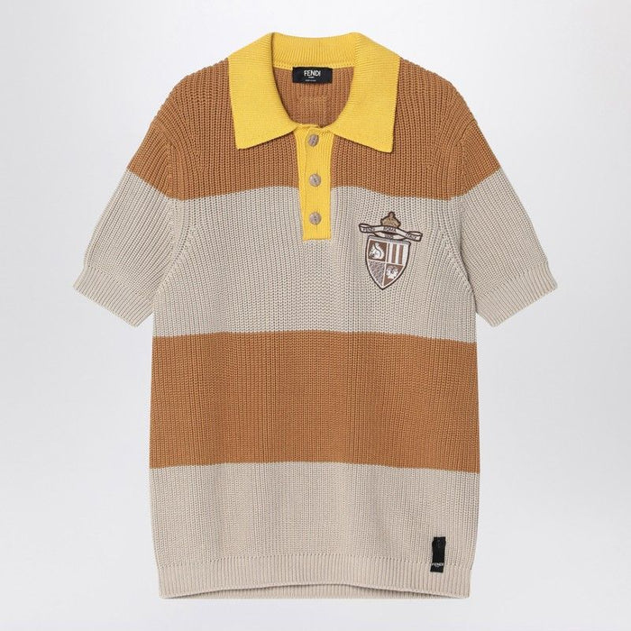 Fendi  Knitted Cotton Polo Shirt With Sand And Beige Stripes