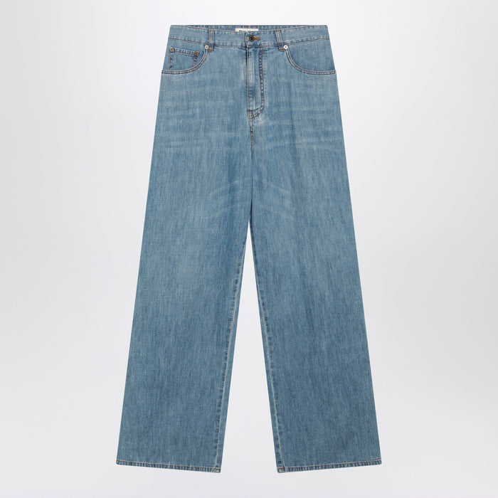 Miu Miu High-Waisted Wide-Leg Chambray Pants In Light Blue