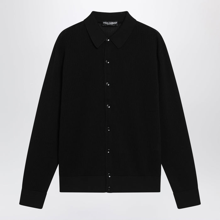Dolce & Gabbana Longsleeve Openwork Rib Knit Cotton Shirt In Black