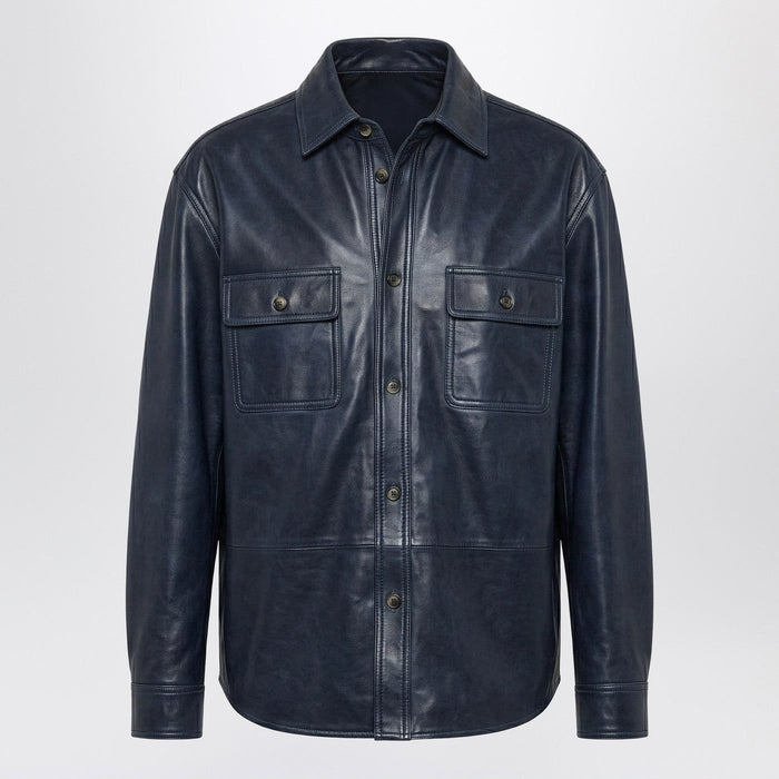 Loewe Oversized Navy Blue Shirt In Leather And Cotton
