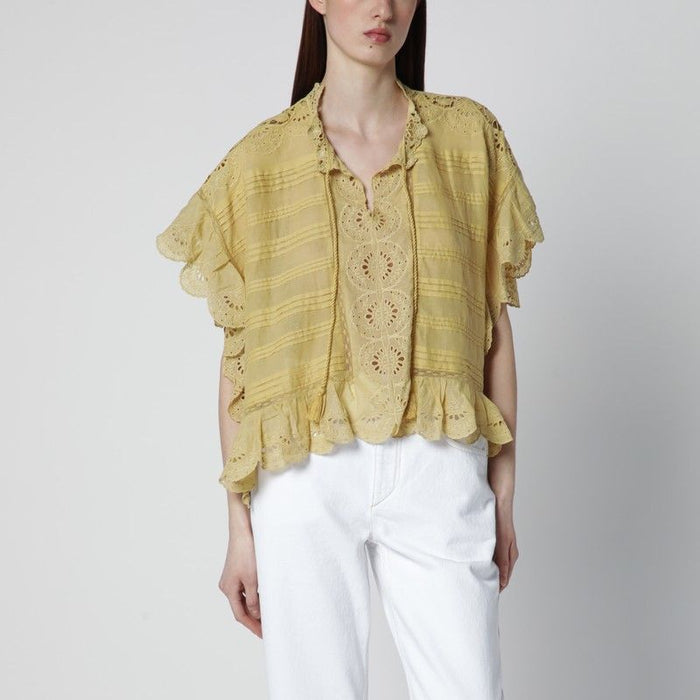 Isabel Marant Etoile Ochre Payton Cotton Blouse With Floral Lace