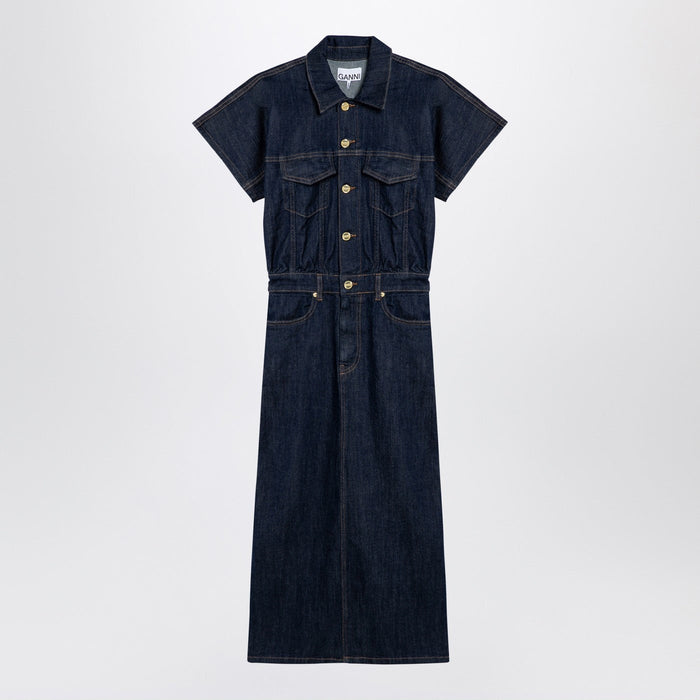 Ganni Blue Midi Dress In Organic Denim