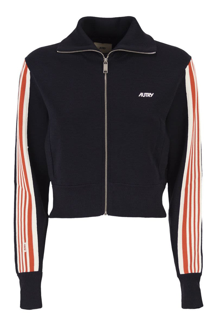Autry Viscose Sweatshirt With Zip And Side Stripes