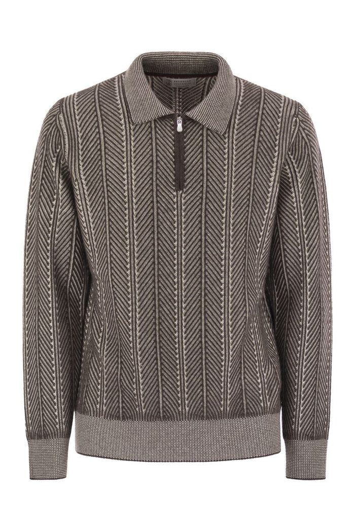 Brunello Cucinelli Vanisé Chevron Cashmere Sweater With Polo Neck And Zip Opening