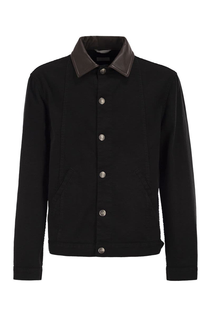 Brunello Cucinelli Lightweight Garment-Dyed Cotton Denim Jacket With Leather Collar