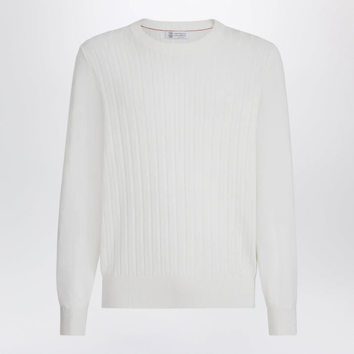 Brunello Cucinelli White Ribbed Cotton Sweater