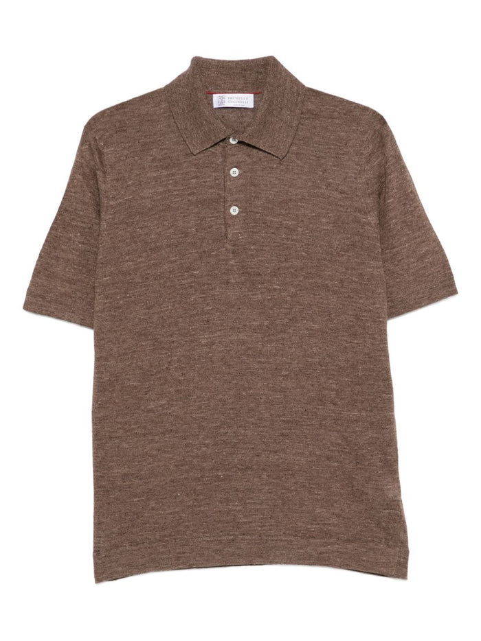 Brunello Cucinelli Melange Brown Linen Blend Polo Shirt