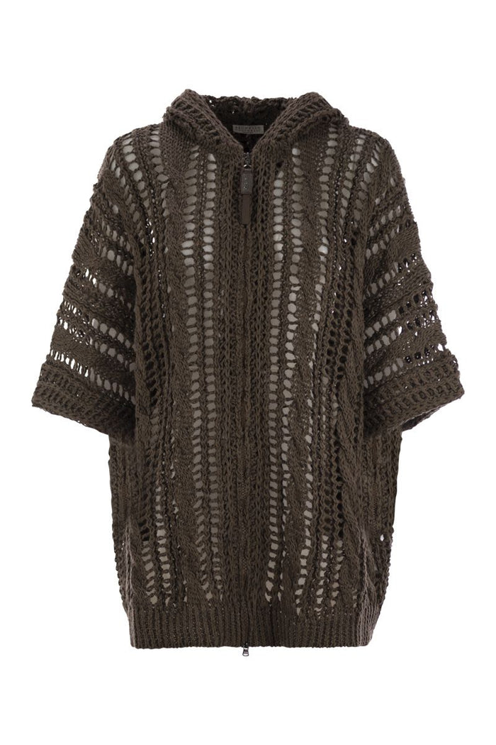 Brunello Cucinelli Cable & Mesh Jute And Cotton Cardigan With Hood And Shiny Zipper Pull