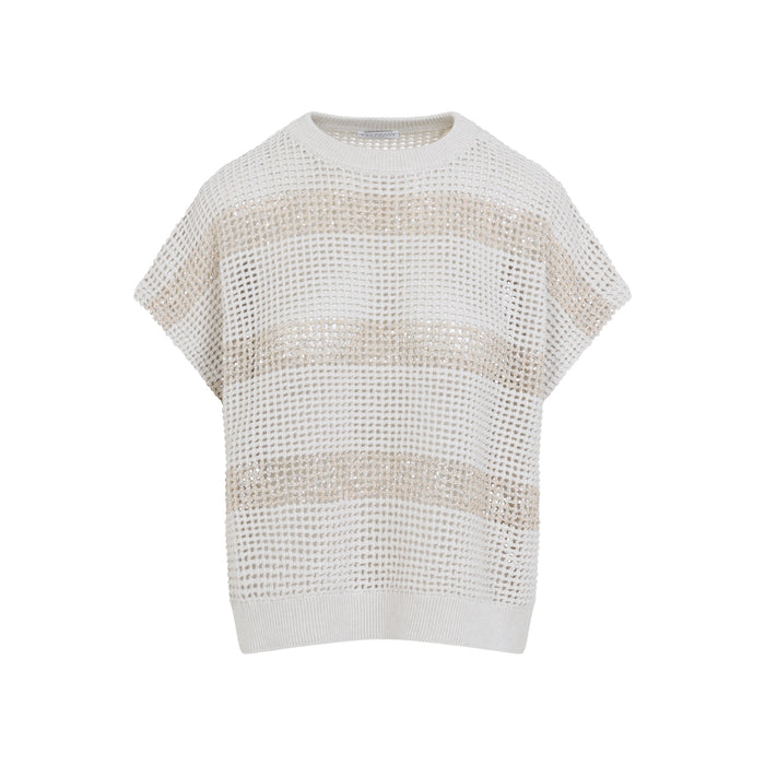Brunello Cucinelli Cropped Cotton Knit Top With Luminous Sequin Bands