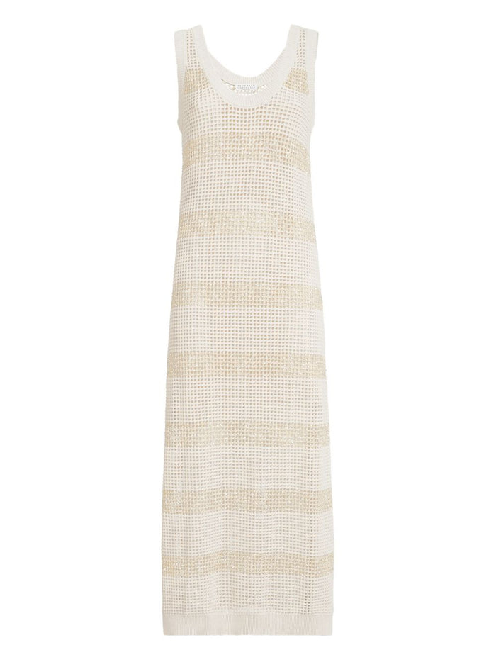 Brunello Cucinelli Cotton Mesh Knit Dress With Dazzling Stripes