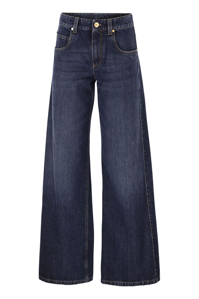 Brunello Cucinelli Wide Trousers In Authentic Denim With Jewellery