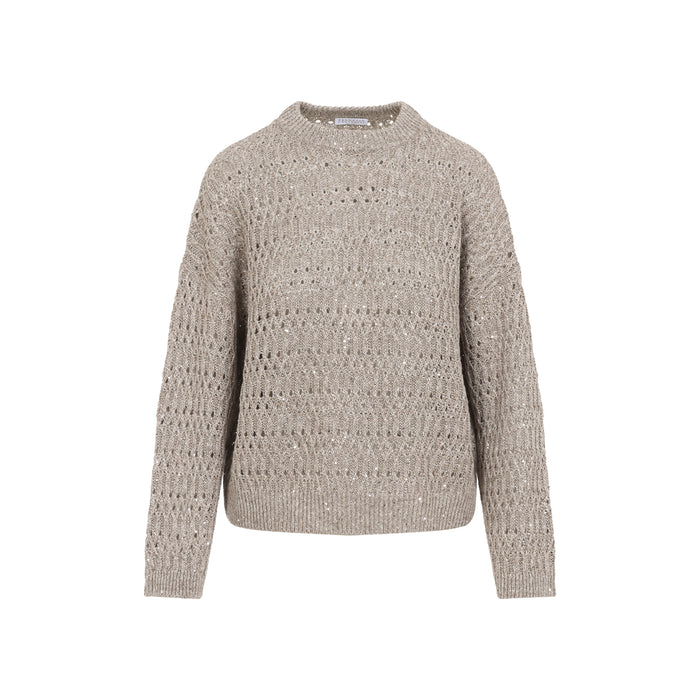 Brunello Cucinelli Linen Openwork Crew Neck Jumper With Sequins