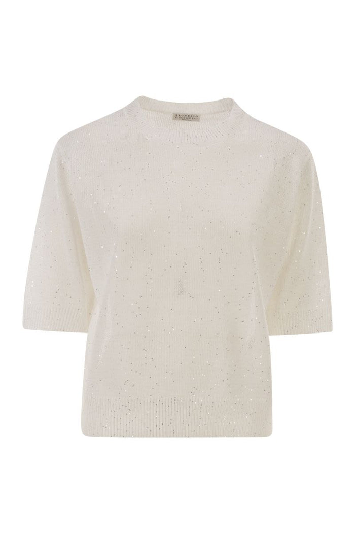 Brunello Cucinelli Short-Sleeved Crew Neck Jumper In Linen And Cotton With Sequins
