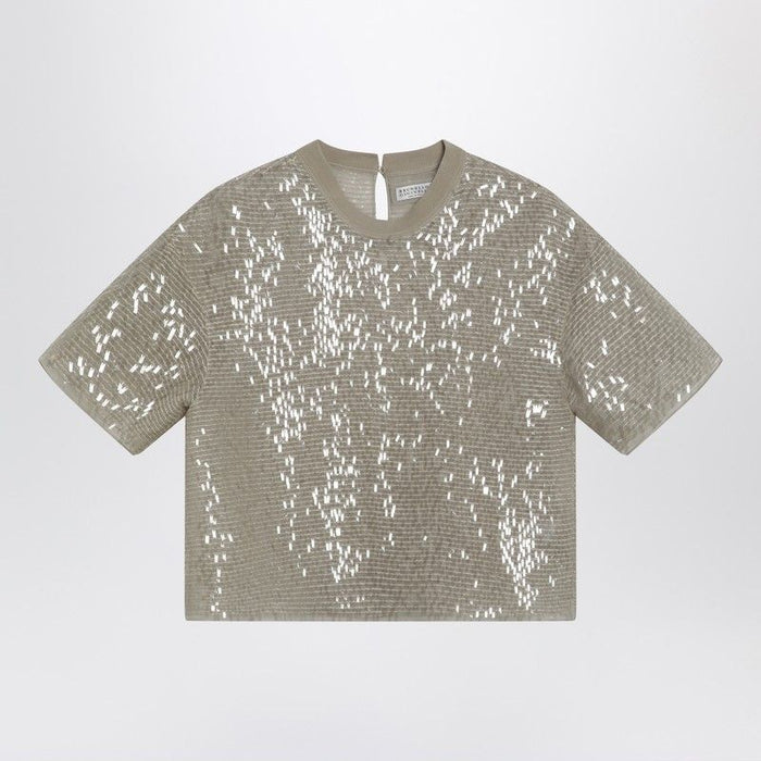 Brunello Cucinelli Dazzling Cascade Embroidery Tshirt In Crispy Silk