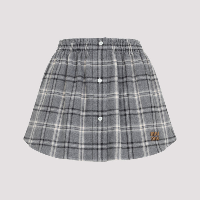 Miu Miu Gray Checkered Cotton Midi Skirt