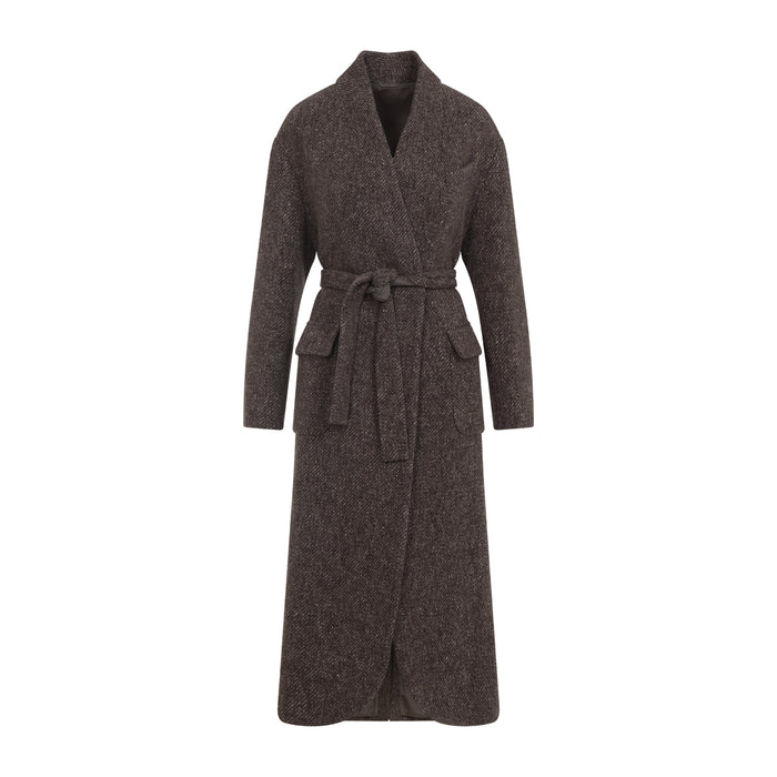 Brunello Cucinelli Wool And Cashmere Diagonal Mélange Coat With Belt And Necklace