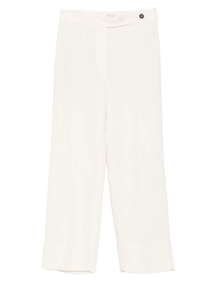 Brunello Cucinelli Viscose And Linen Fluid Twill Cigarette Trousers With Monili
