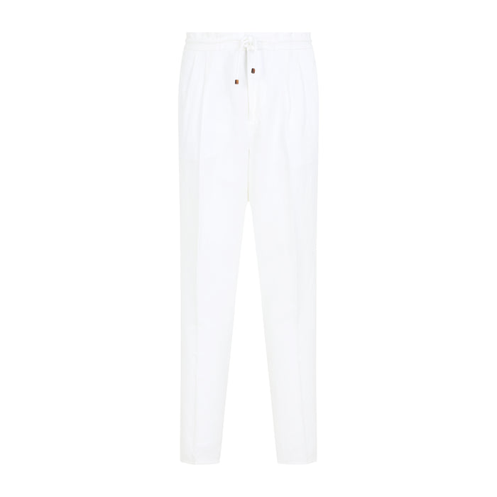 Brunello Cucinelli Leisure Fit Trousers In Linen And Cotton Gabardine With Drawstring And Double Darts