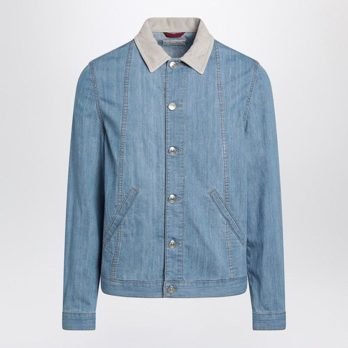 Brunello Cucinelli Blue Denim Jacket With Suede Collar