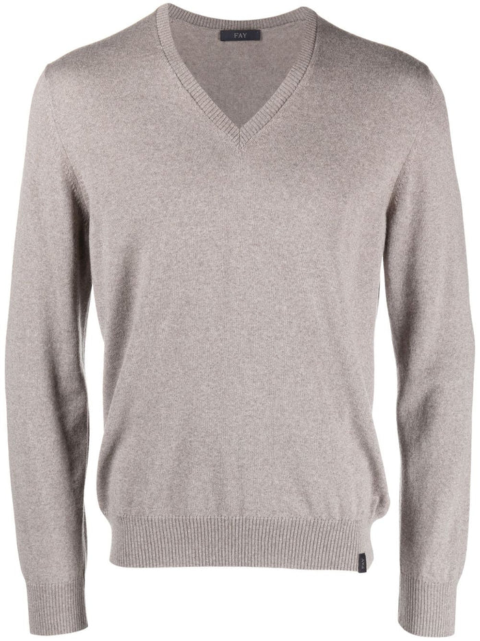 Fay Grey V-Neck Fine-Knit Sweatshirt