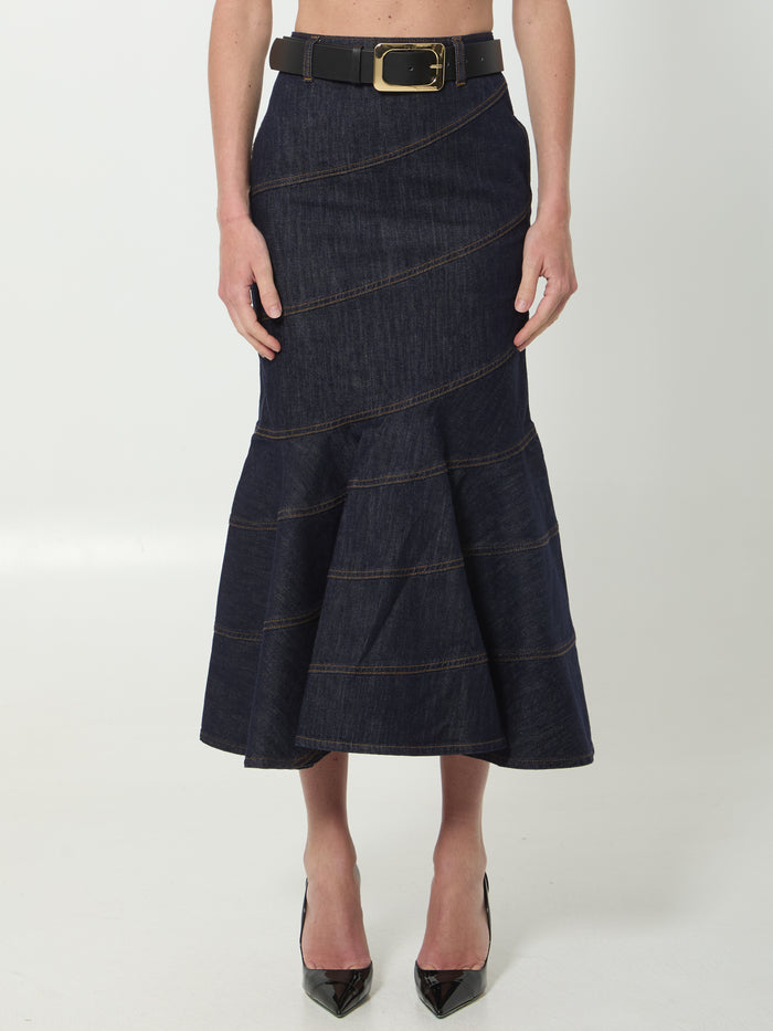 Self Portrait Indigo Denim Belted Midi Skirt