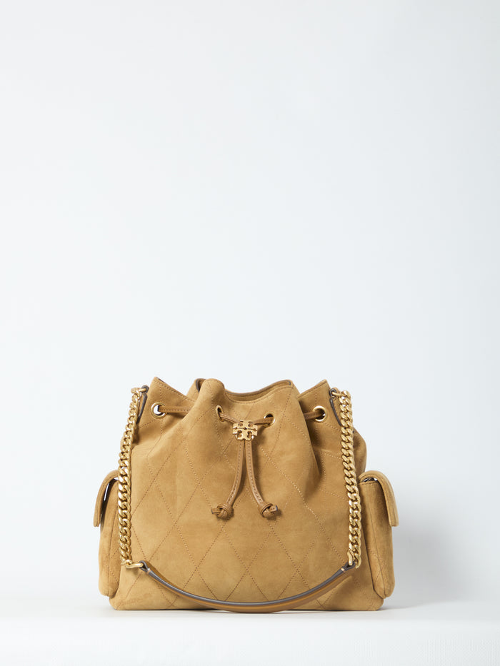 Tory Burch Charlie Quilted Suede Drawstring Bag