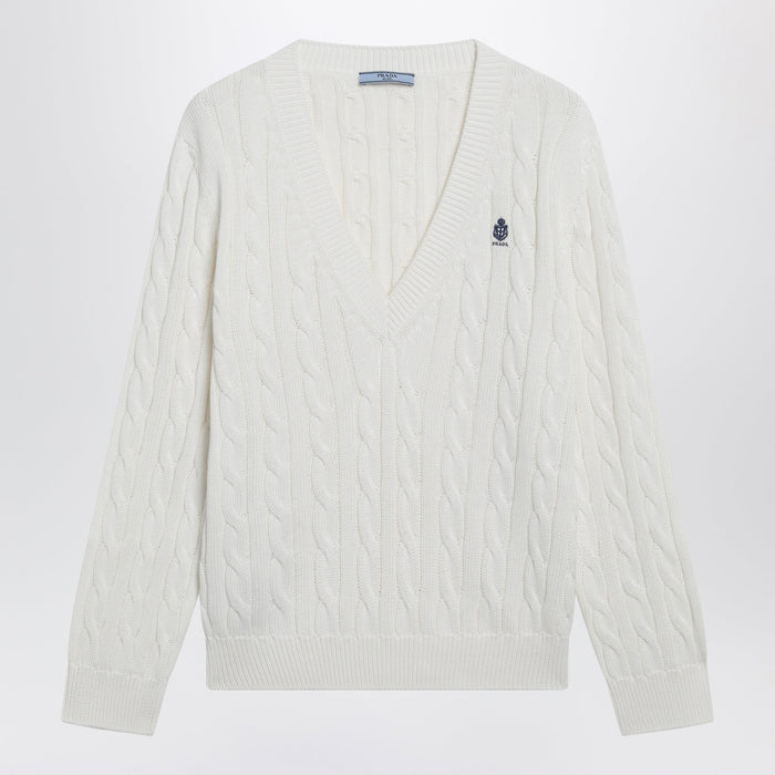 Prada White Cable-Knit V-Neck Jumper